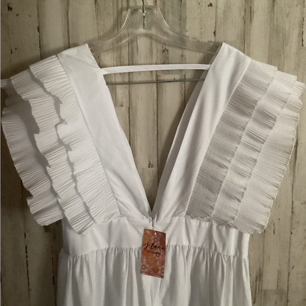 White Ruffled V-Neck Dress - Picture 2 of 8